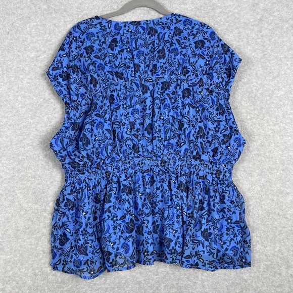 Old Navy Blue Floral Smocked Waist Babydoll Blouse Womens XXL‎ Peasant Top Boho - Picture 2 of 12